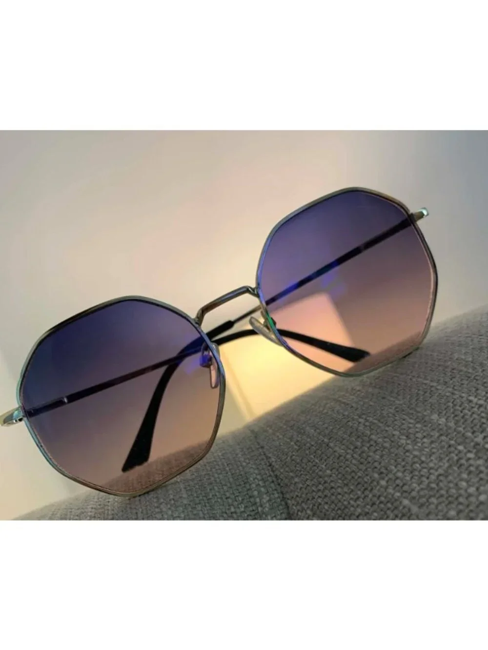 Unisex Octagonal Gold Metal Frame Gradient Blue to Pink Lens Sunglasses